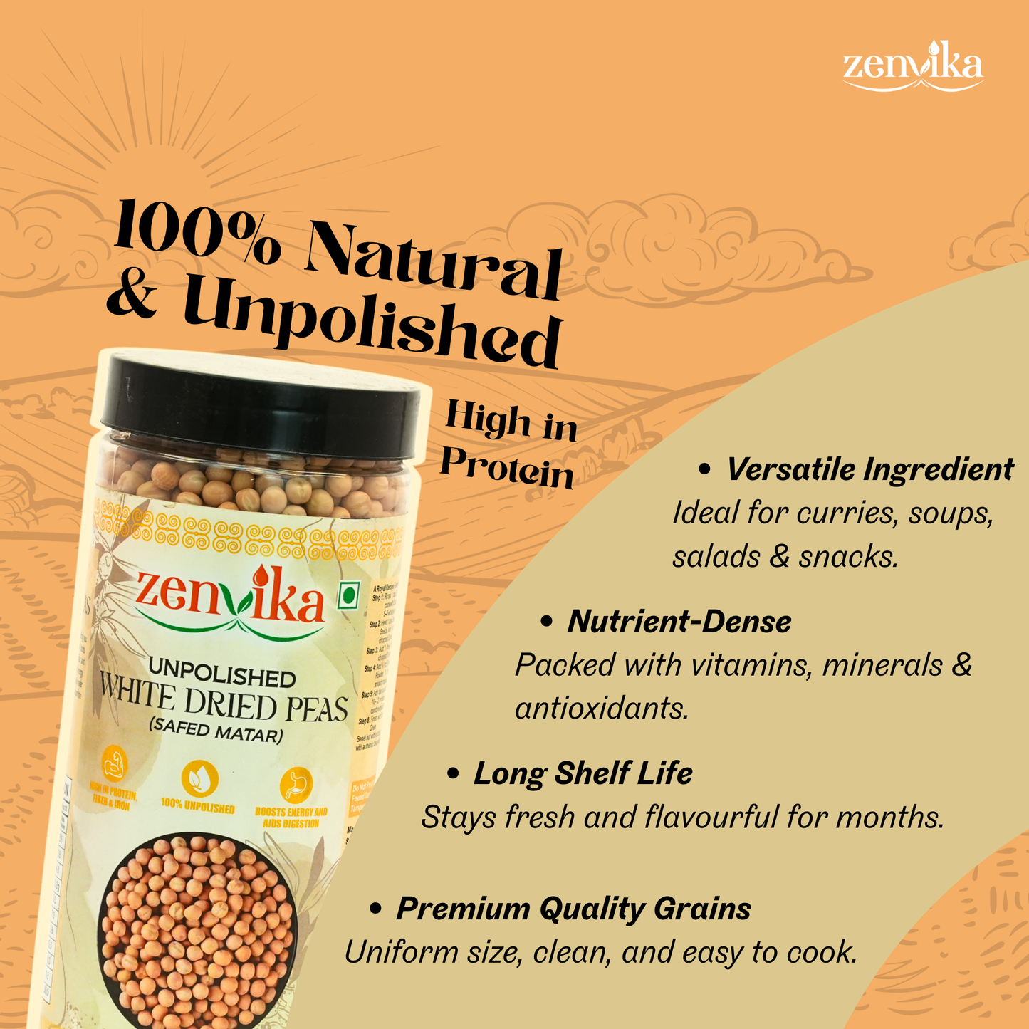 Unpolished White Dried Peas (Safed Matar)- 900 gm